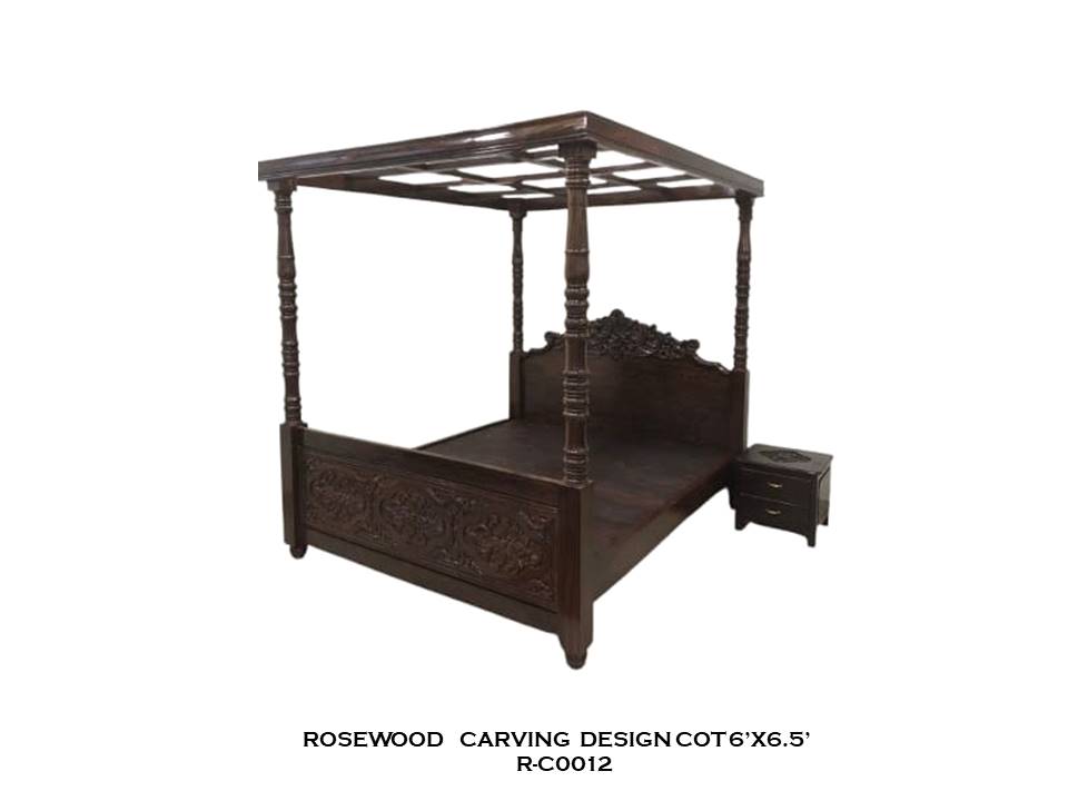 Rosewood Carving Design Cot with Ceiling & Side Box