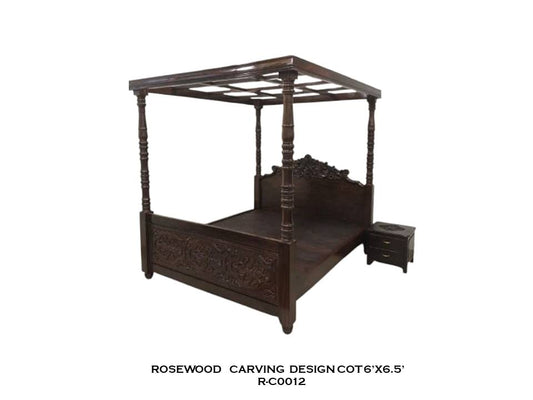 Rosewood Carving Design Cot with Ceiling & Side Box