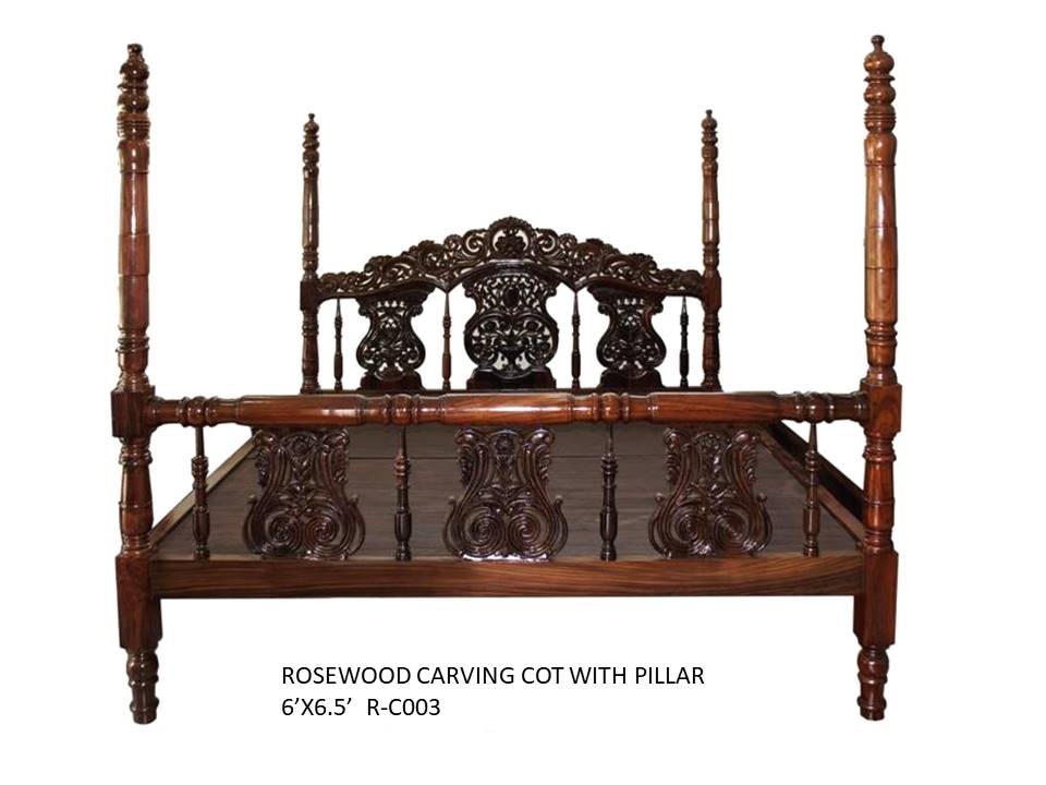 Rosewood Carving Cot with Pillars