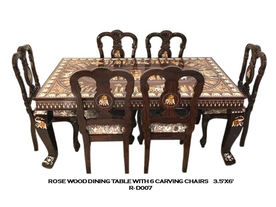 Rosewood Dining Table with 6 Carved Chairs