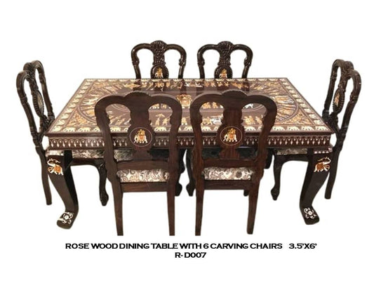 Rosewood Dining Table with 6 Carved Chairs