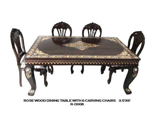 Rosewood Dining Table with 6 Carved Chairs