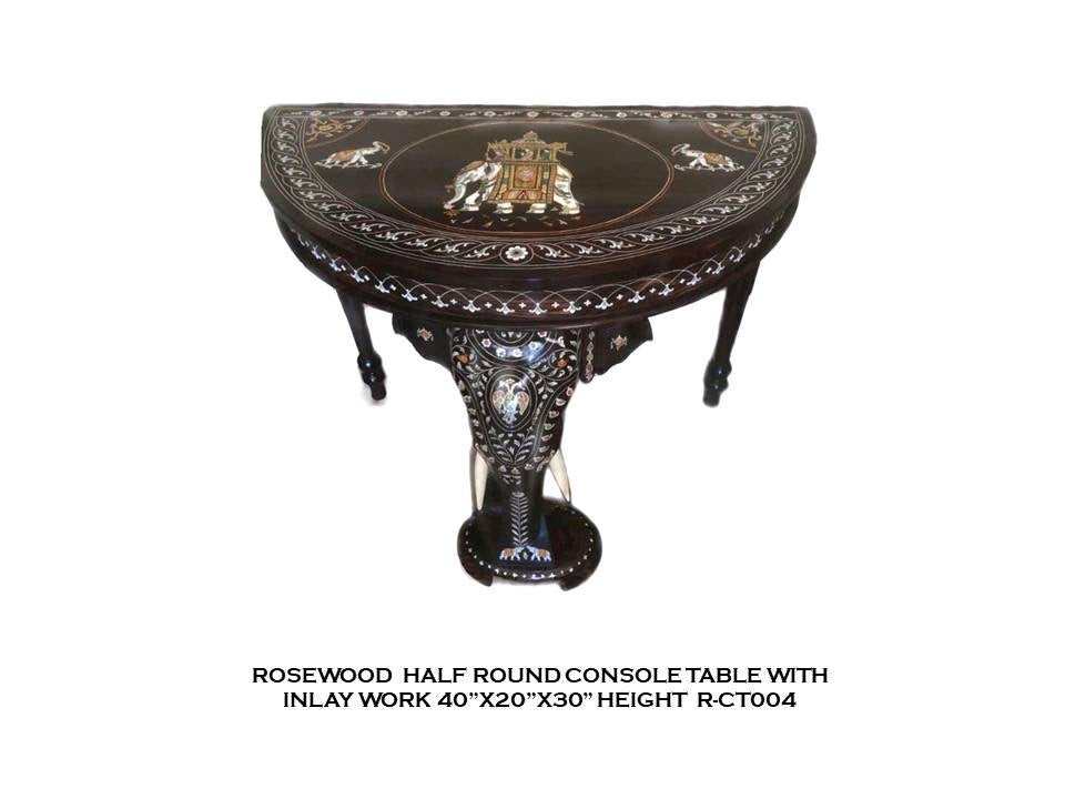 Rosewood Half Round Console Table with Inlay Work - Elephant Head Design