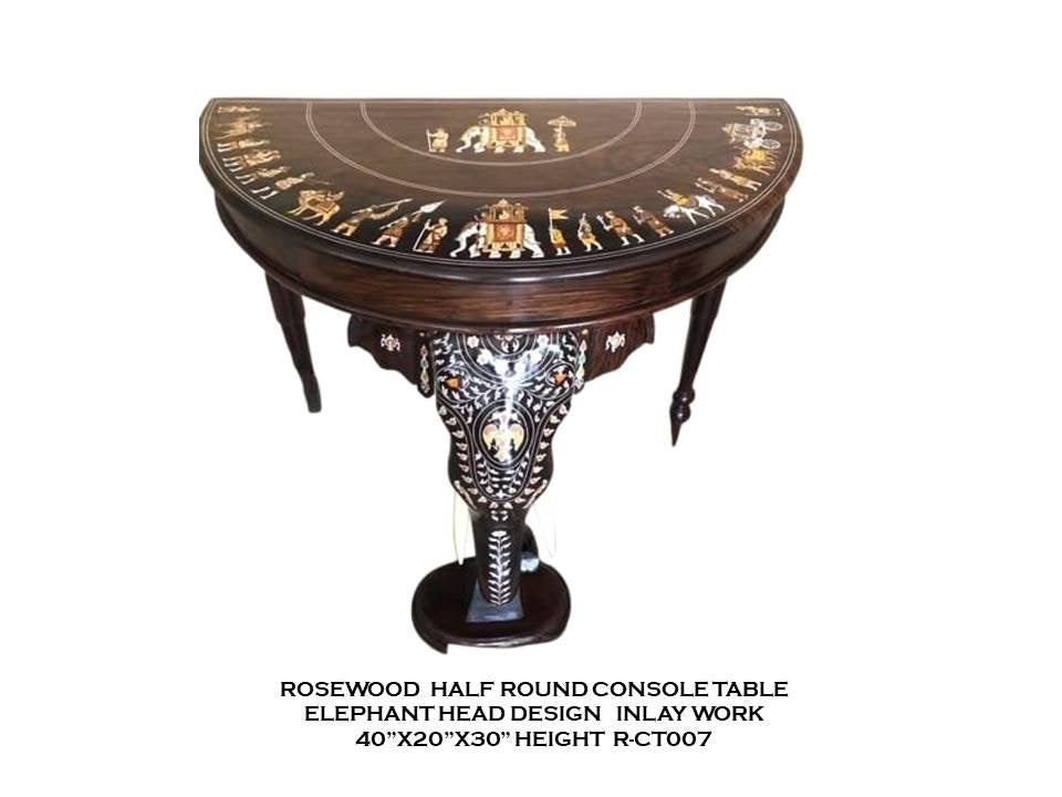 Rosewood Half Round Console Table with Inlay Work - Elephant Head Design