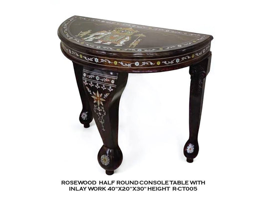 Rosewood Half Round Console Table with Inlay Work