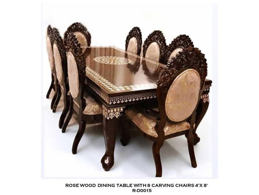 Rosewood Dining Table with 8 Carved Chairs